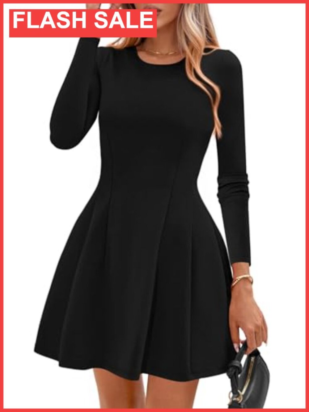 Womens Long Sleeve Pleated Mini Dress Soft Knit A-Line Empire Waist